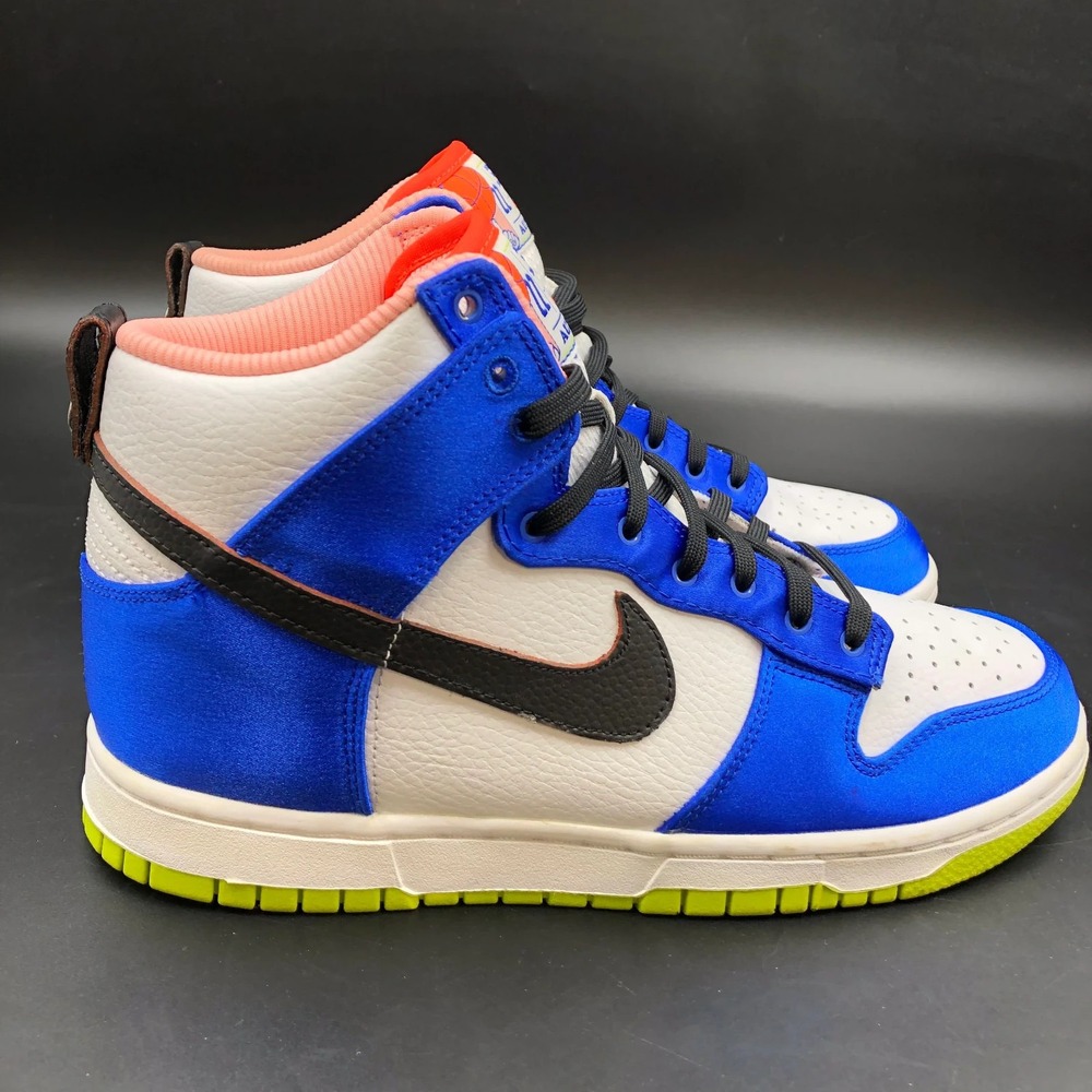 Nike Dunk High Women's 8.5 Blue Satin White Royal Black Trim Neon Sole Sneakers